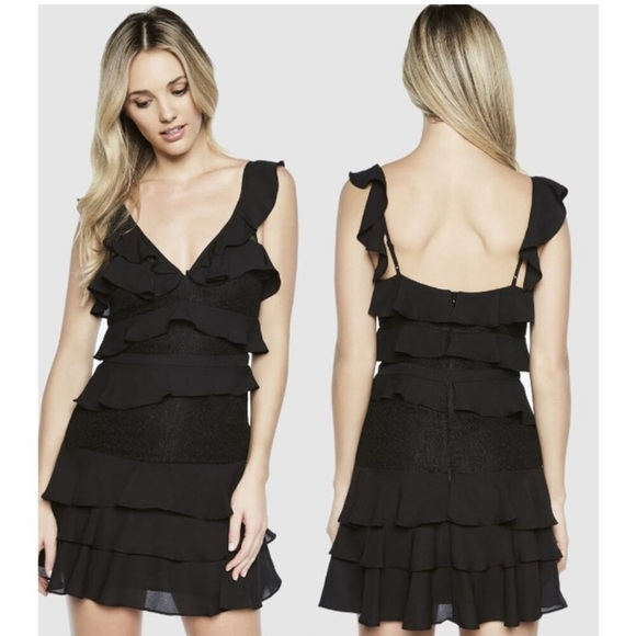 Bardot Sleeveless Black Lace Ruffled Tiered Mini Dress Size US 4/XS - Picture 1 of 13